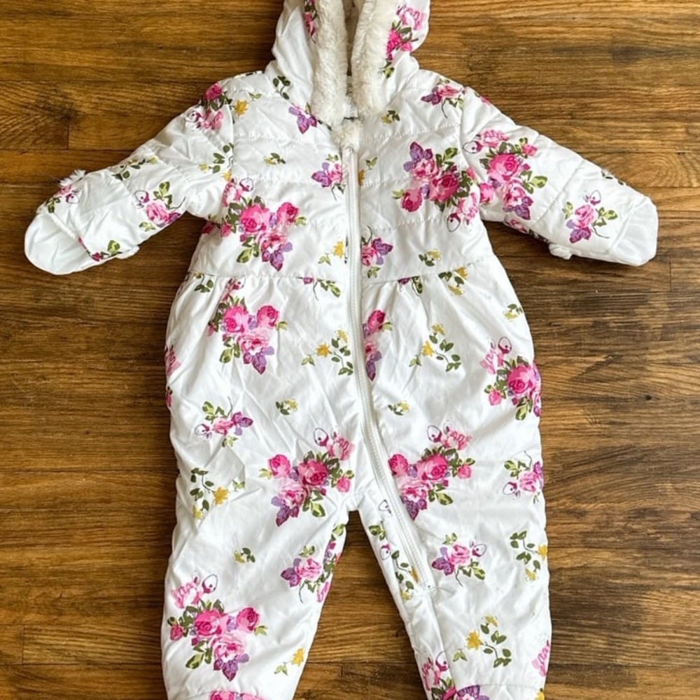 Rothschild White Snowsuit with Pink Floral Design